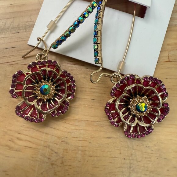 Betsey Johnson Pink & Gold Floral Drop Earrings Rhinestone, Garden Girl, Whimsy, - Picture 8 of 9